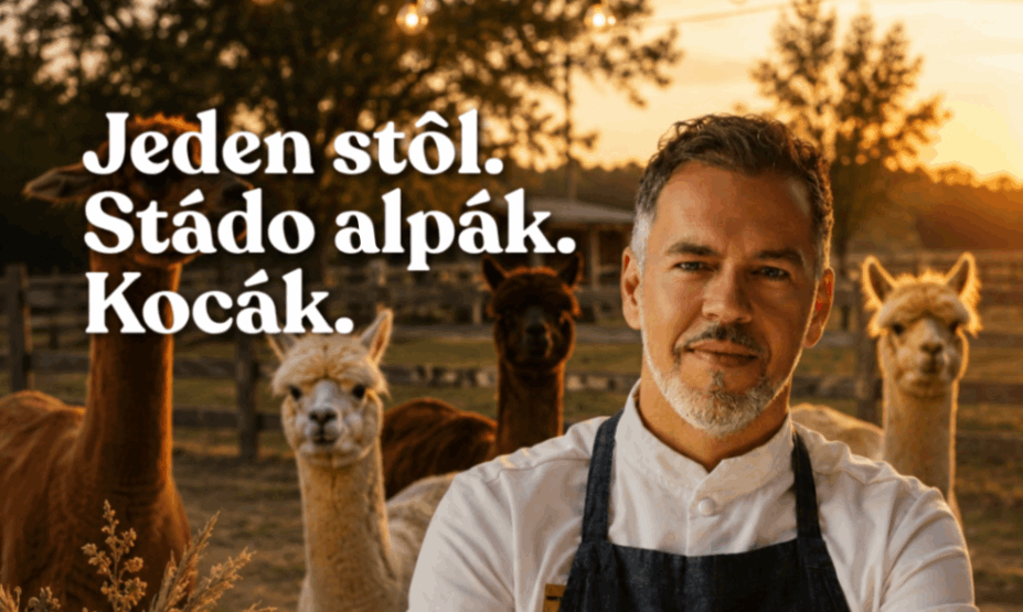 Jeden stôl. Stádo alpák. Kocák. 